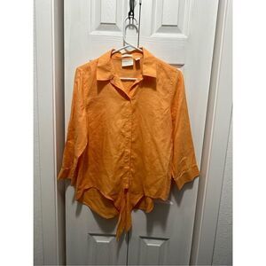 Chico's Womens Blouse Linen Button Down Quarter Sleeve Tie Knot Orange Size 0 sm